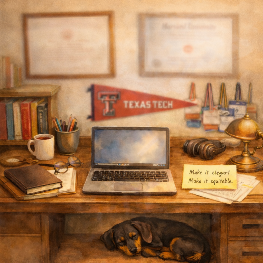 Home office desk: laptop open, dachshund under desk, two framed diplomas, Texas Tech pennant, sticky note reading "Make it elegant. Make it equitable," shelves with technical books. Warm, focused mood.