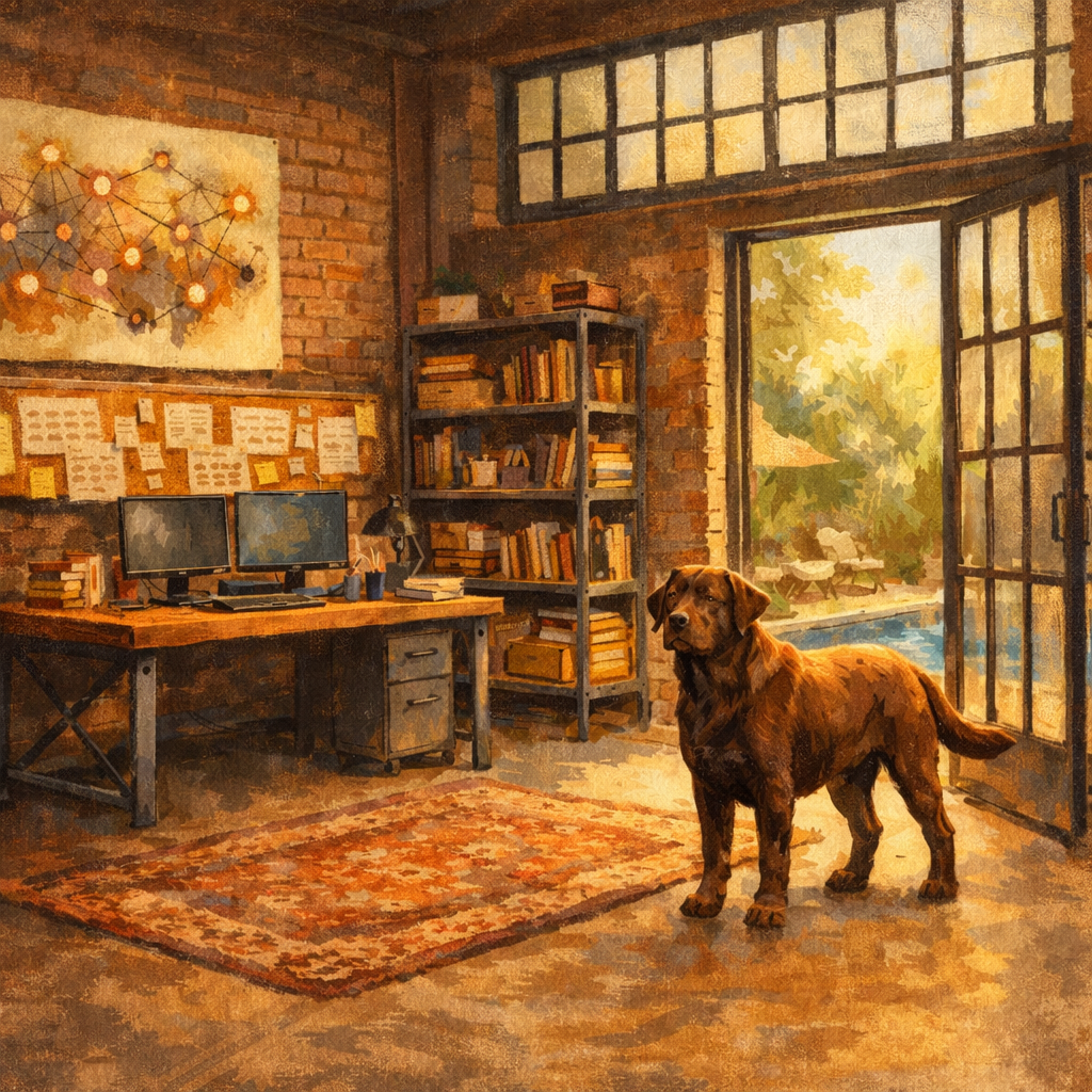 Digital painting of a converted industrial home office with exposed brick, corkboard with flowcharts, wooden desk with dual monitors, and a chocolate Labrador near open French doors; warm painterly style.