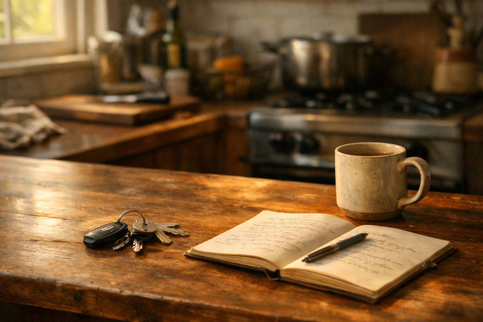 Kitchen counter: warm wood, morning light, keys and notebook and mug. Lived-in, no people in frame.